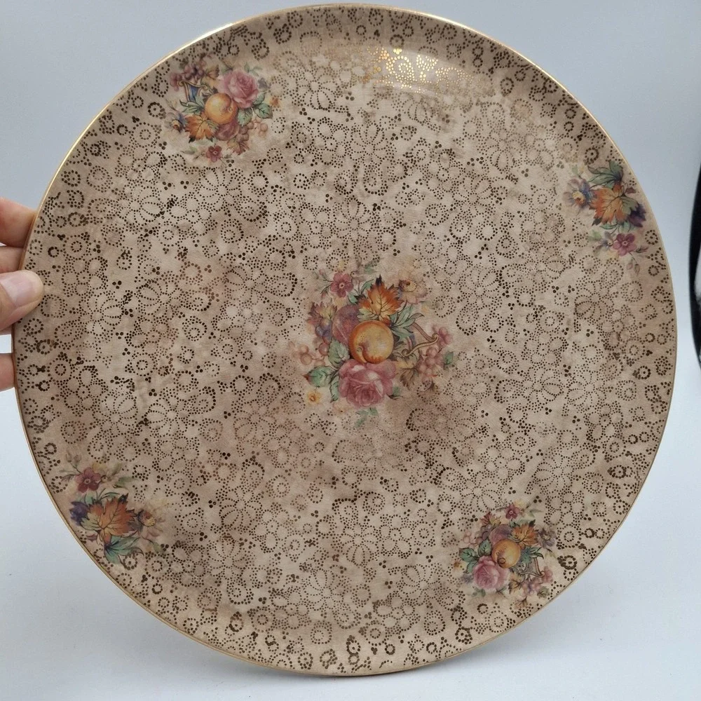 Vintage H&K Tunstall Flowers & Fruit Plate 5072 Gold Chintz England 10.5